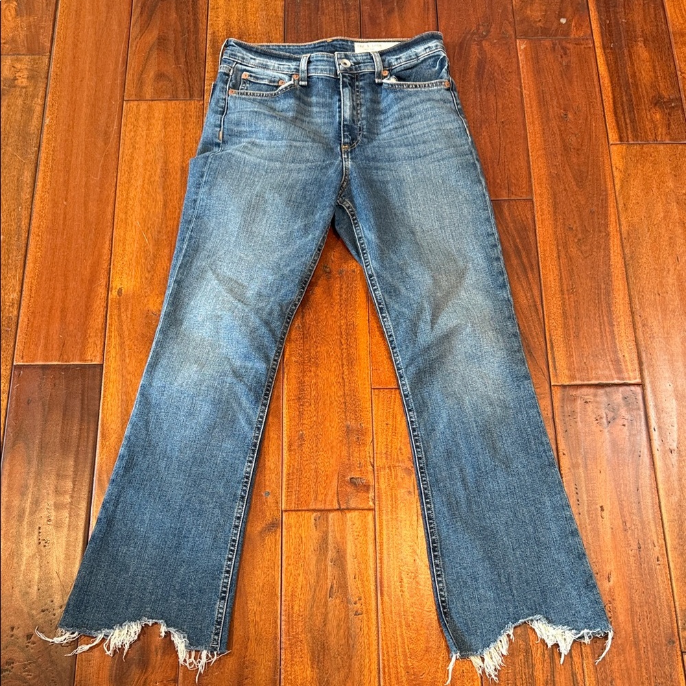 rag & bone High Rise Ankle Flare Jeans Size 26 Raw Hem Cropped Blue Denim